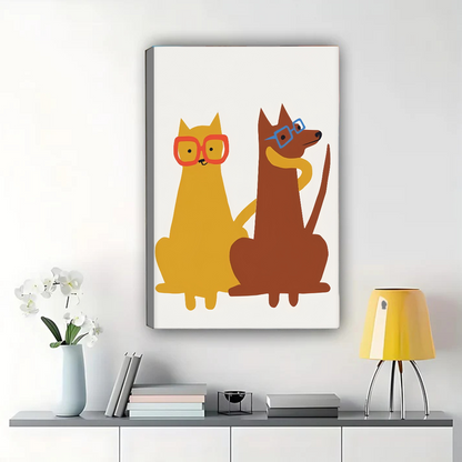 Cat and Dog with Glasses Wall Art Print - Whimsical Pet Illustration|W1230