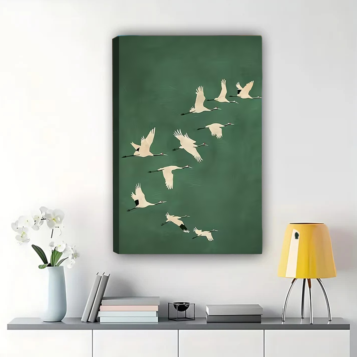 Flying Cranes Wall Art - Minimalist Green Bird Silhouette Print|W1238