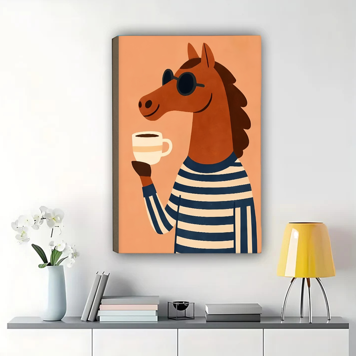Coffee Horse Wall Art Print - Whimsical Animal Illustration|W1224
