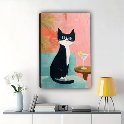 The Cocktail-Sipping Black Cat – Retro Chic Wall Art on Natural Wood Canvas | W576