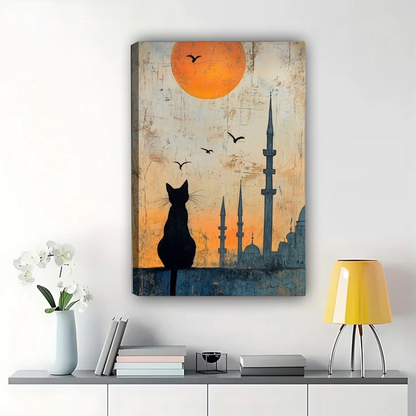 Cat Silhouette Mosque Sunset Wall Art - Istanbul Skyline Canvas Print|W1321
