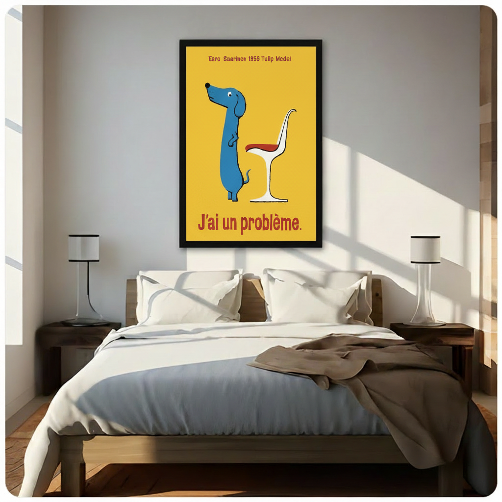 Blue dachshund Tulip chair stretched canvas print — funny mid-century modern wall art for eclectic American home