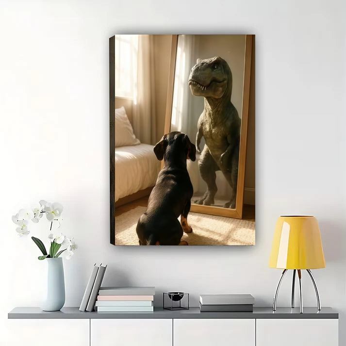 Dog Meets Dinosaur Framed Wall Art – Whimsical Animal Print for Home Decor| W1031