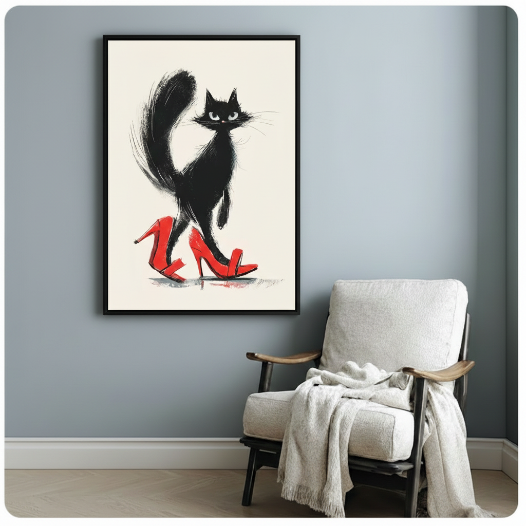 Chic Black Cat Red Heels Canvas Art w6610