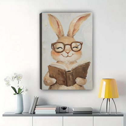 Bunny with Glasses Reading Book Canvas Wall Art - Cute Nursery Print|W1161