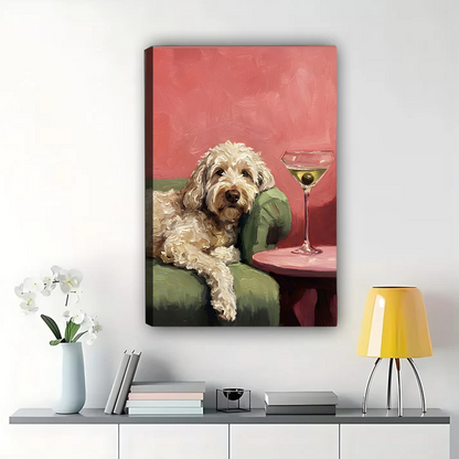 Doodle Dog with Martini Wall Art - Chic Pink Print|W1278
