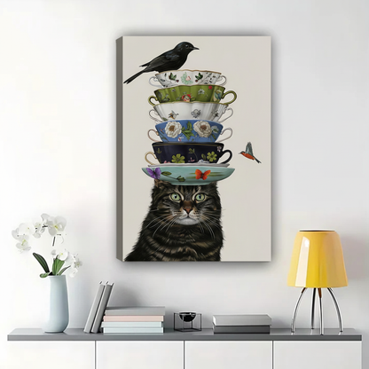 Cat Balancing Teacups Wall Art - Whimsical Kitchen Canvas Print|W1337