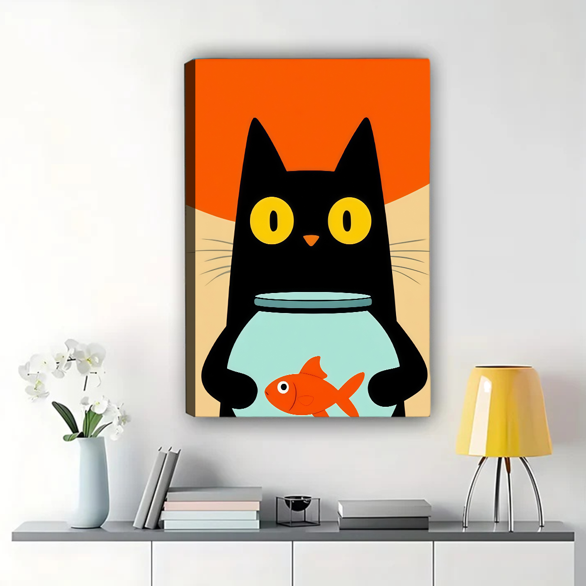 Black Cat with Goldfish Bowl Wall Art - Whimsical Animal Print|W1126
