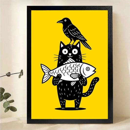 Cat with Fish and Crow Wall Art - Whimsical Yellow Print|W1266