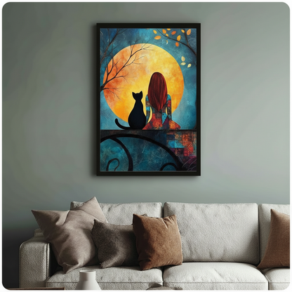 Girl Black Cat Moon Night Romantic Canvas Print w6045