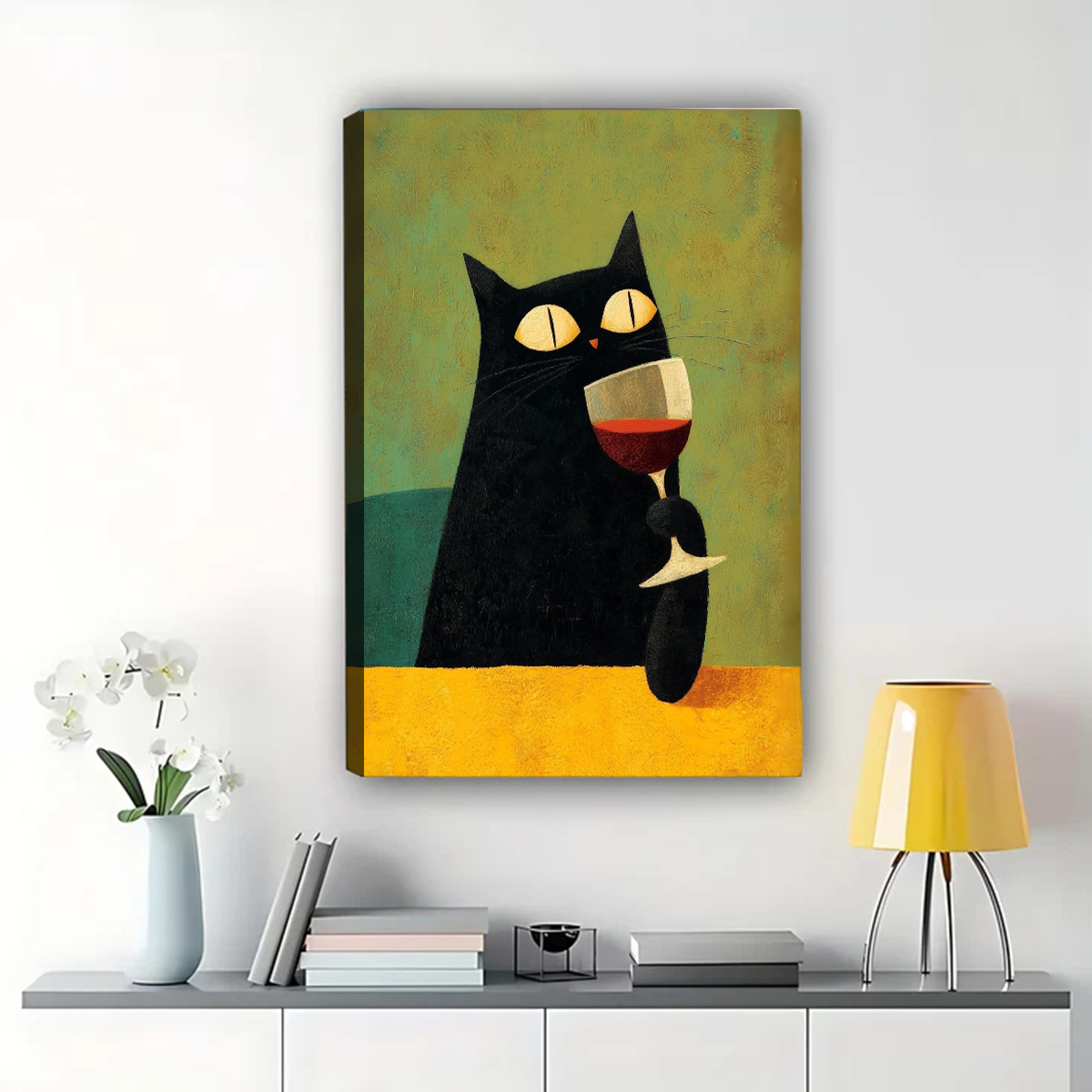 Black Cat with Wine Glass Wall Art - Bold Colorful Print|W1260
