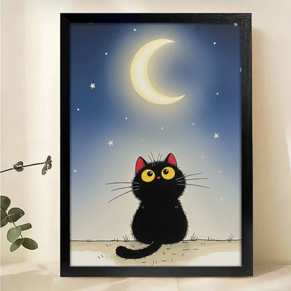 Black Cat Moon Wall Art - Starry Night Cat Silhouette Print|W1192