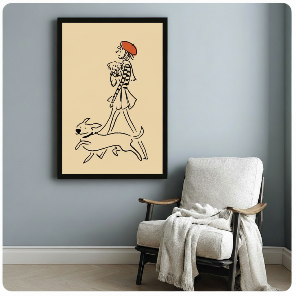 Parisian Girl Dogs Walk Minimalist Line Art Canvas Print w6013
