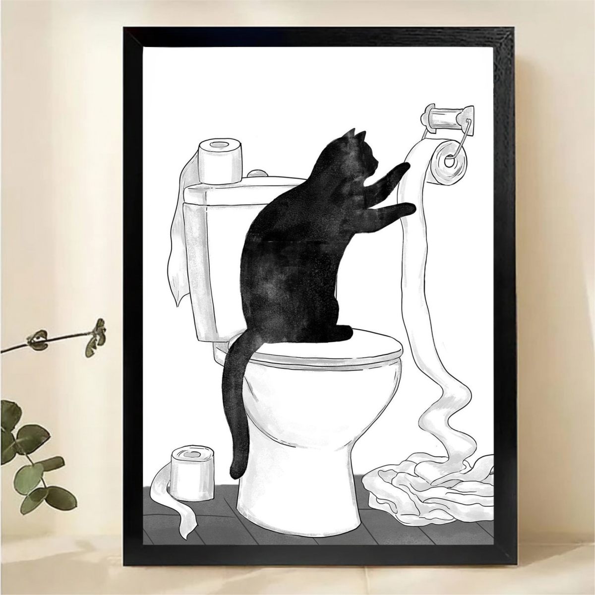 Cat Unrolling Toilet Paper Wall Art - Funny Bathroom Print|W1206