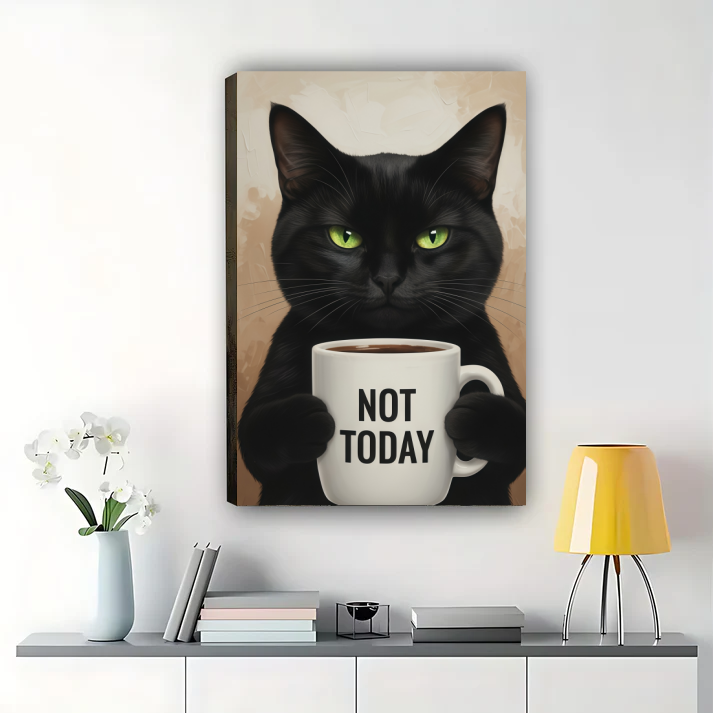 Black Cat Coffee Art Print - Not Today Funny Cat Wall Decor| W1019