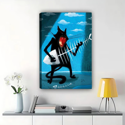 Cat Playing Fish Bone Guitar Wall Art - Bold Blue Print|W1254