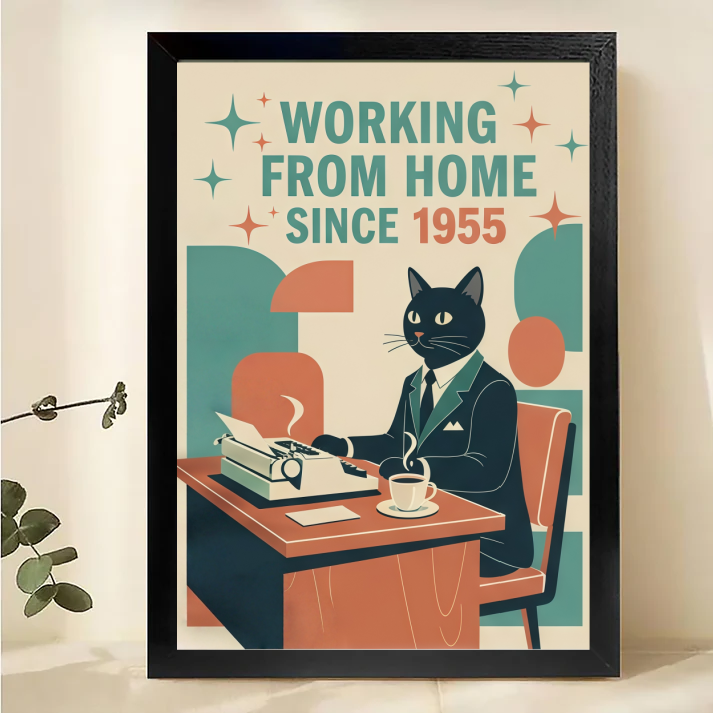 Working from Home Since 1955 Cat Poster - Funny Retro Office Wall Art| W1014