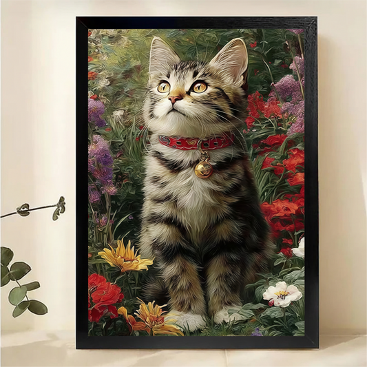 Tabby Kitten in Flower Garden Canvas Art - Red Roses & Sunflowers|W1067