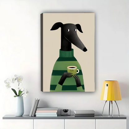 Greyhound with Coffee Wall Art - Cozy Green Sweater Print|W1269