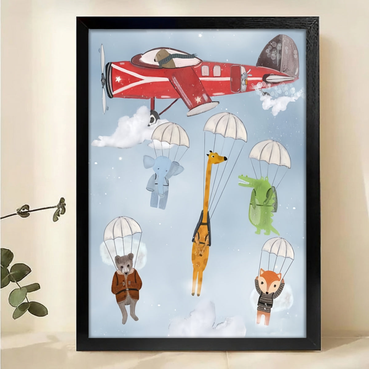 Parachuting Animals Canvas Print - Vintage Airplane Nursery Art|W1186