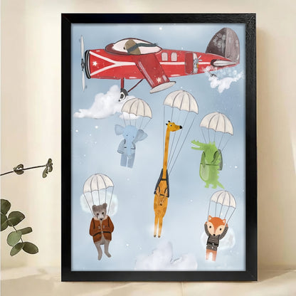 Parachuting Animals Canvas Print - Vintage Airplane Nursery Art|W1186
