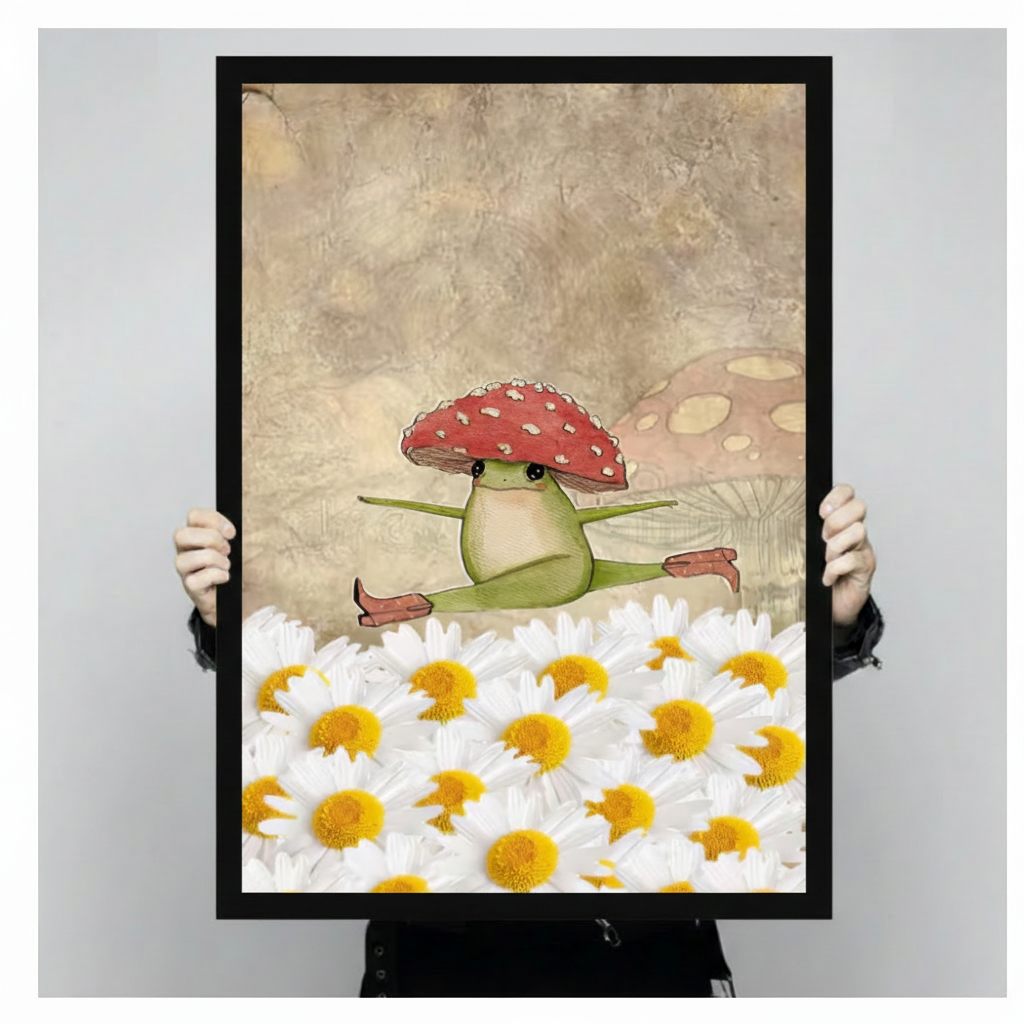 Mushroom Hat Frog Daisy Splits Whimsical Canvas Print w6048