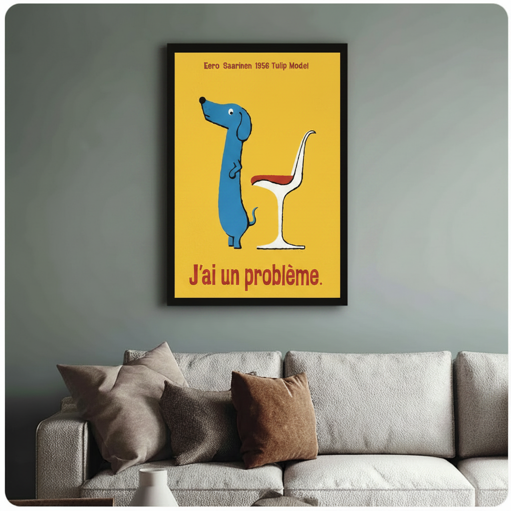 Funny blue dachshund Eero Saarinen Tulip chair canvas print — witty retro poster wall art for dog owners