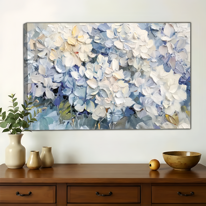 Blue and White Hydrangea Wall Art - Textured Floral Oil Painting Canvas Print| W1366