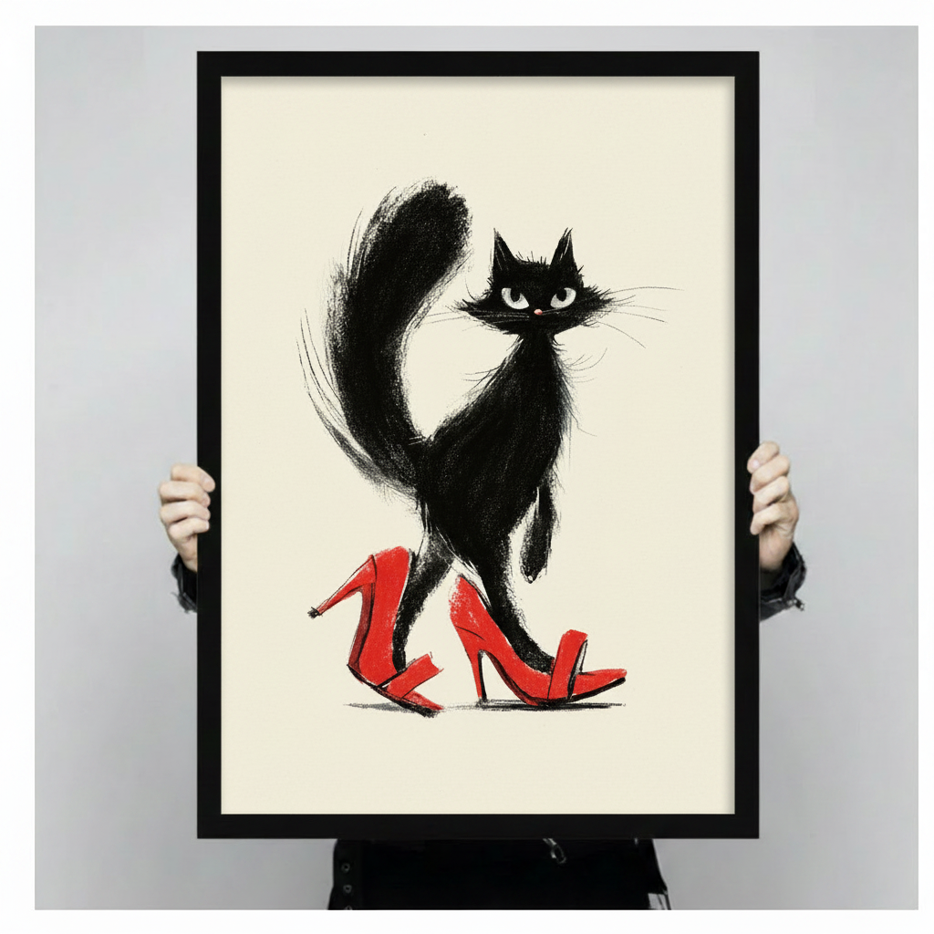 Chic Black Cat Red Heels Canvas Art w6610