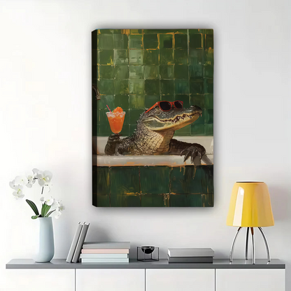 Alligator in Bathtub with Cocktail Canvas Wall Art - Funny Animal Bathroom Decor|W1059
