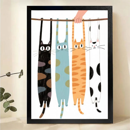 Hanging Cats on Clothesline Wall Art - Whimsical Cat Print|W1247