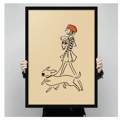 Parisian Girl Dogs Walk Minimalist Line Art Canvas Print w6013