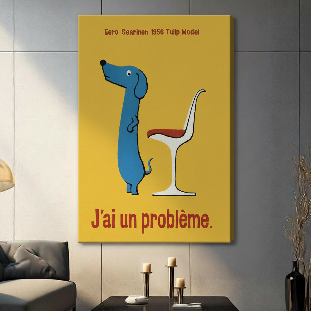 J'ai un problème dachshund stretched canvas print — retro mid-century dog lover wall decor