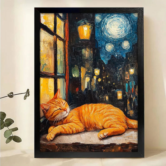 Starry Night Cat Canvas Print - Van Gogh Style Orange Tabby Art|W1188