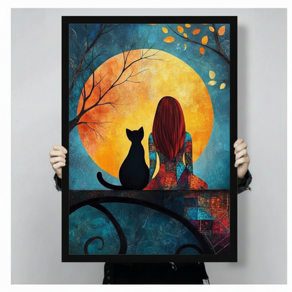 Girl Black Cat Moon Night Romantic Canvas Print w6045
