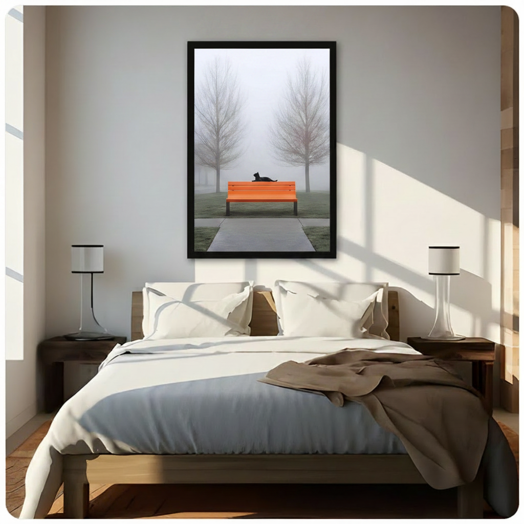 Minimalist Black Cat Foggy Park Canvas Art w5330