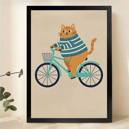 Cat Riding Bicycle Canvas Art - Whimsical Orange Tabby Print|W1069