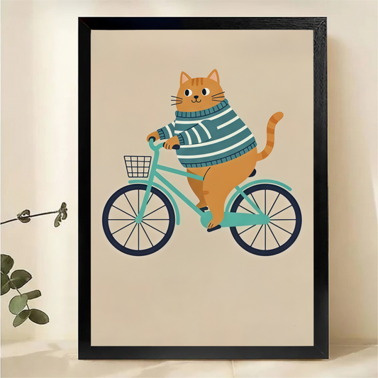Cat Riding Bicycle Canvas Art - Whimsical Orange Tabby Print|W1069