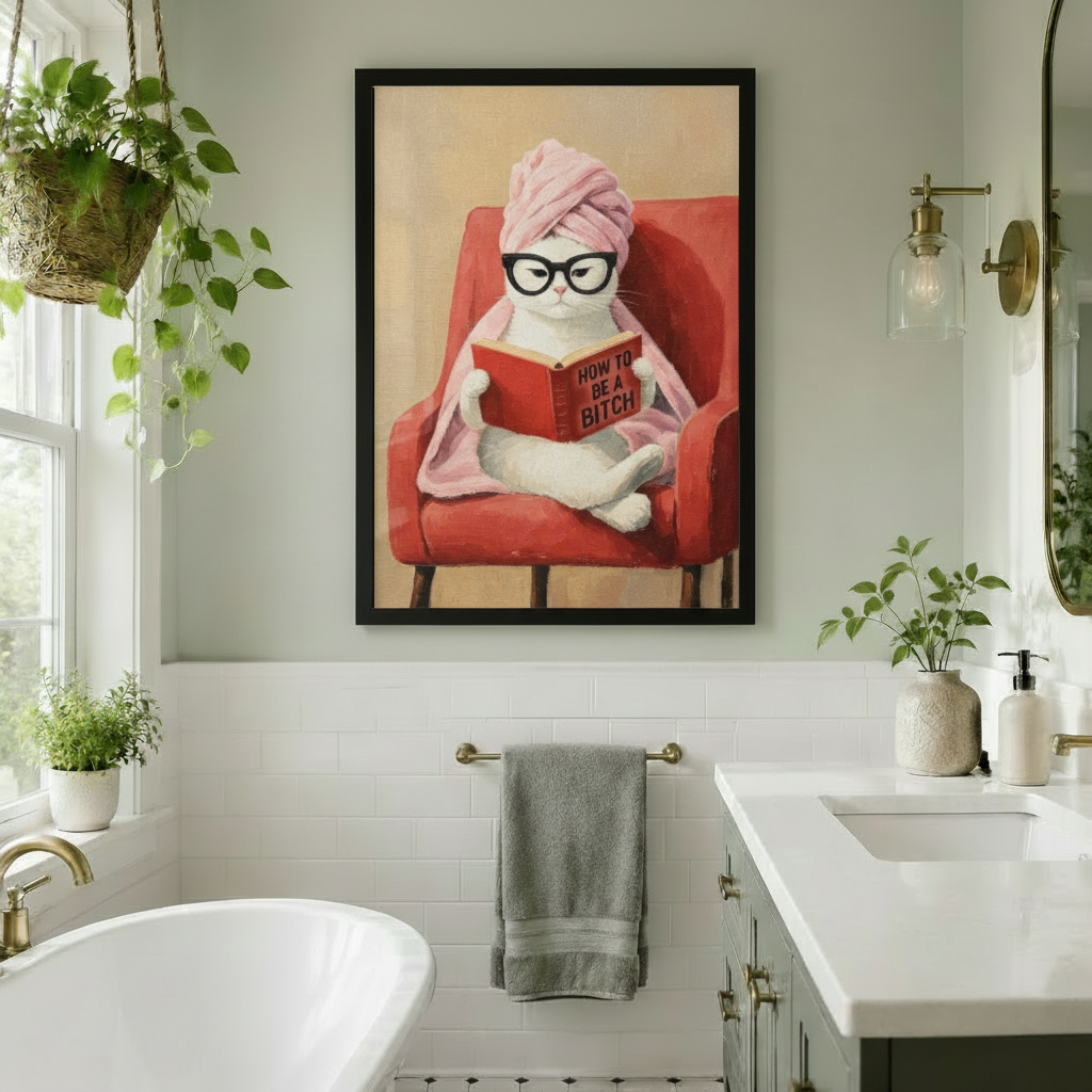Funny Cat Reading Framed Canvas Wall Art w6090