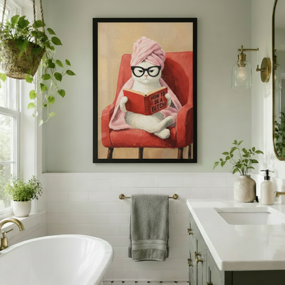Funny Cat Reading Framed Canvas Wall Art w6090
