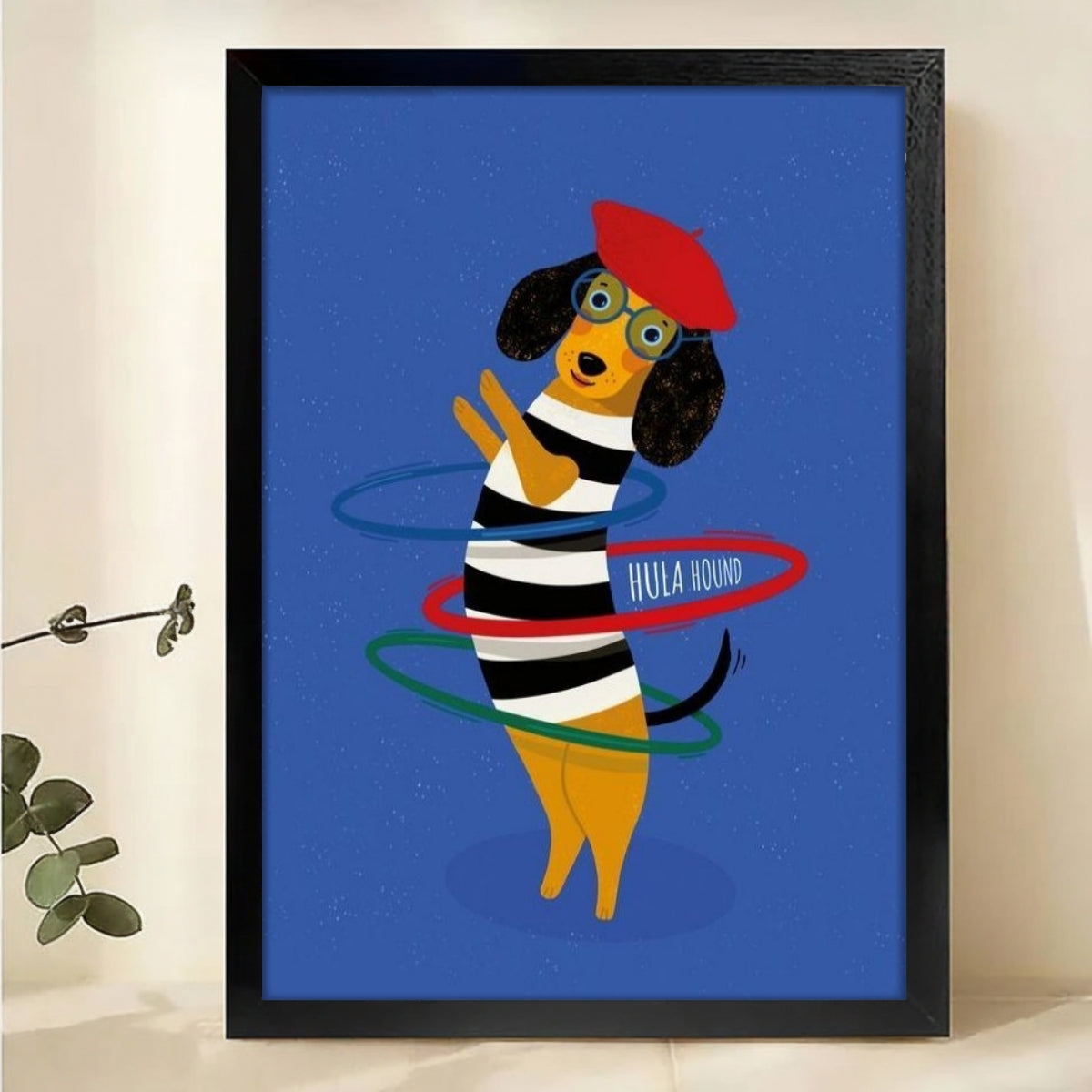 Dog Hula Hooping Wall Art - Playful French Beret Pet Print|W1218