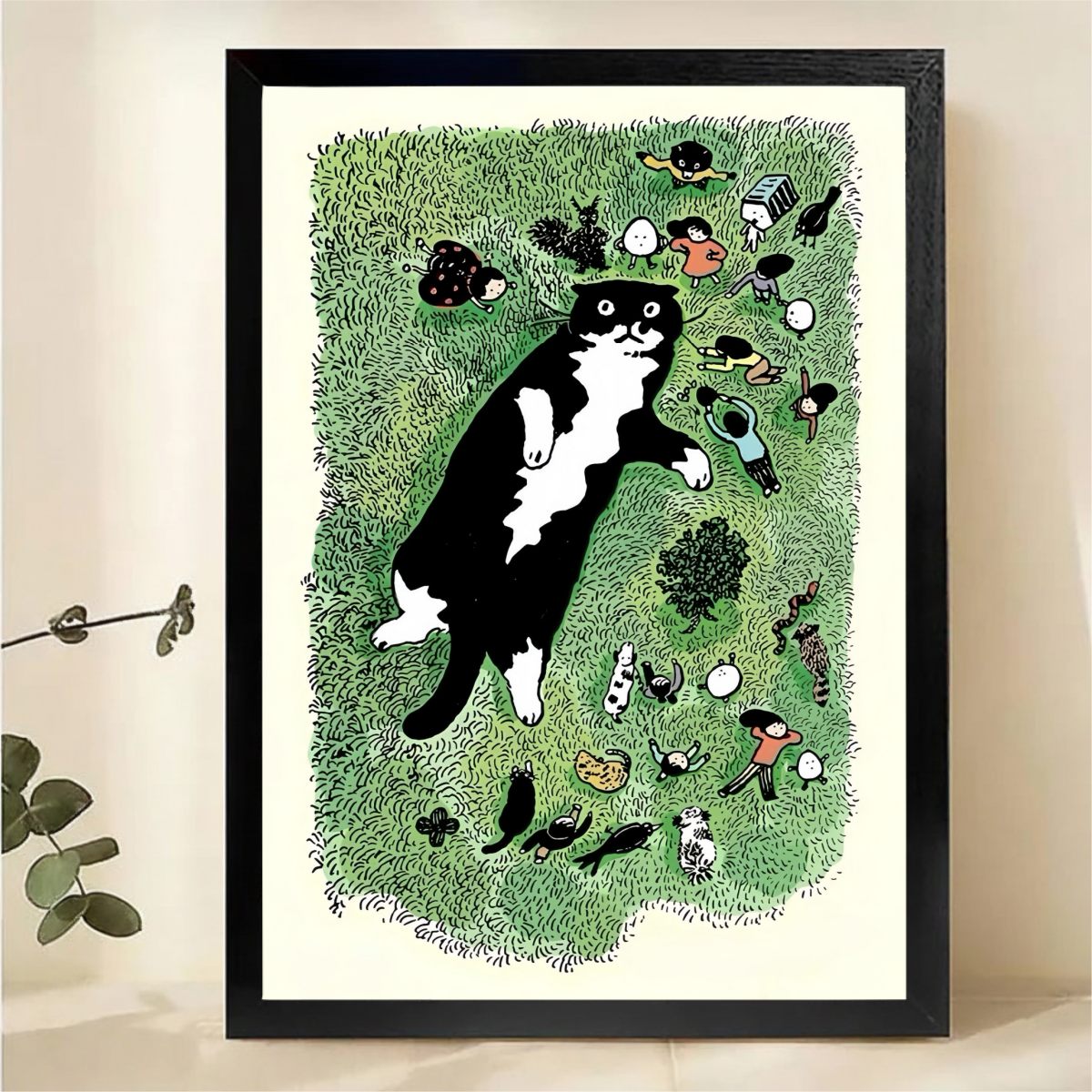 Cat in Grass Wall Art - Whimsical Nature Illustration Print|W1209