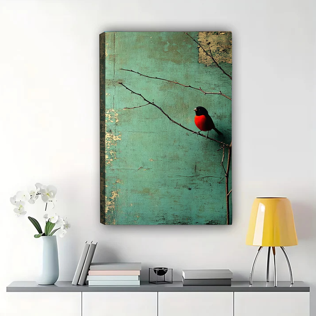 Red Robin on Branch Wall Art - Vintage Teal Print||W1274