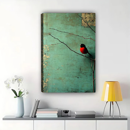 Red Robin on Branch Wall Art - Vintage Teal Print||W1274