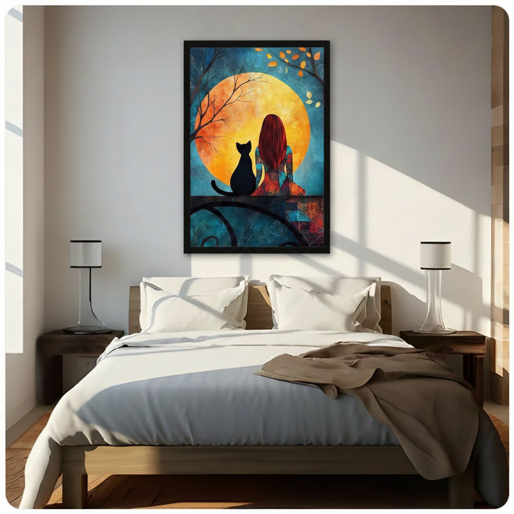 Girl Black Cat Moon Night Romantic Canvas Print w6045