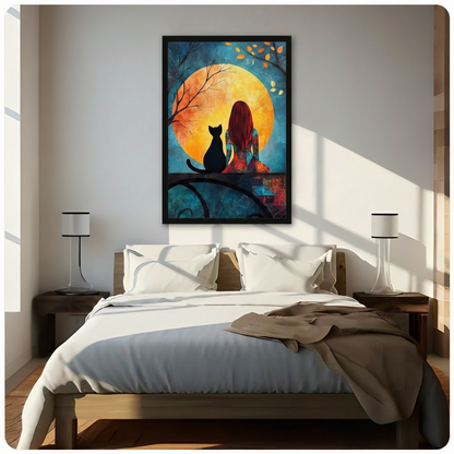 Girl Black Cat Moon Night Romantic Canvas Print w6045