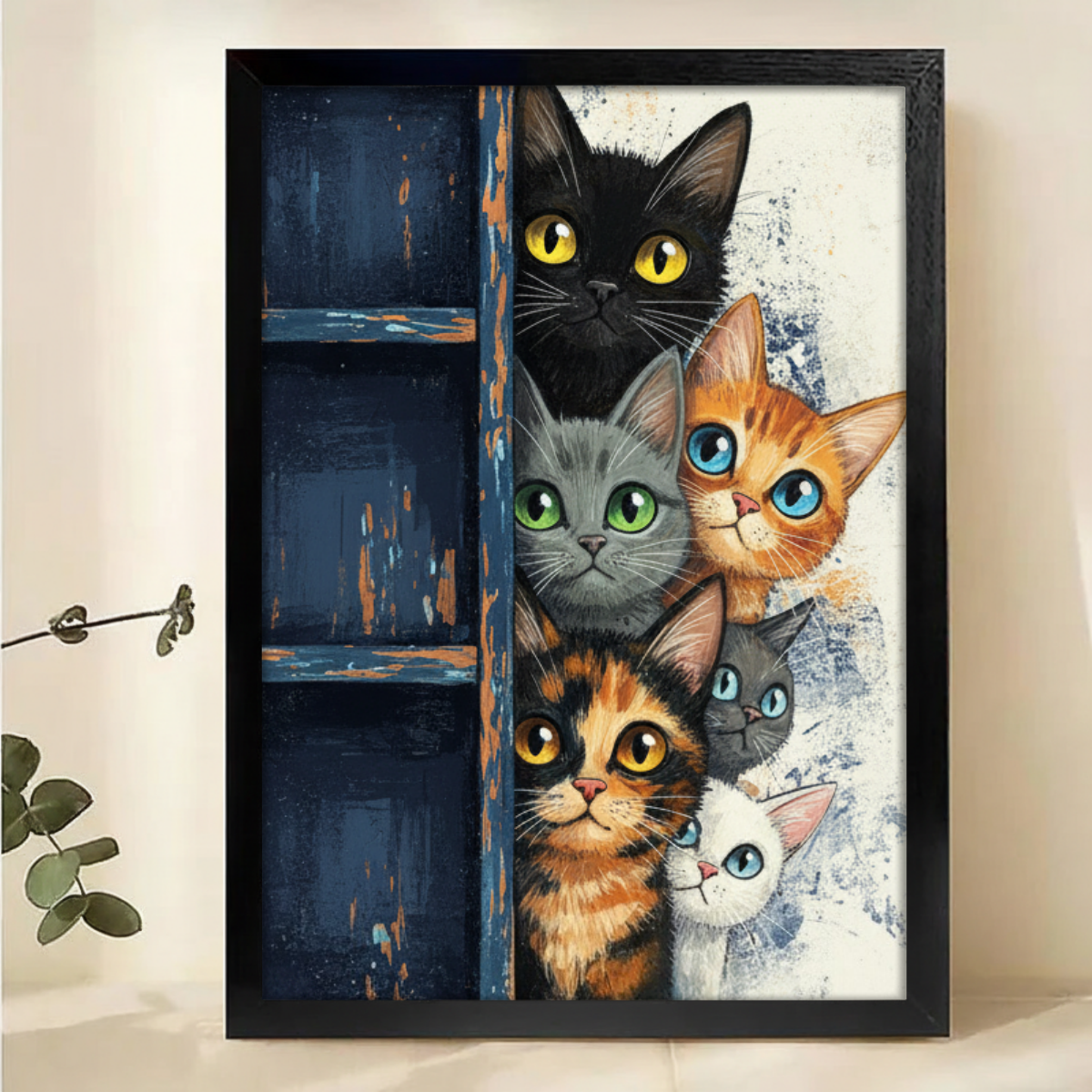 Curious Cats Peeking Canvas Print - Rustic Door Wall Art|W1185