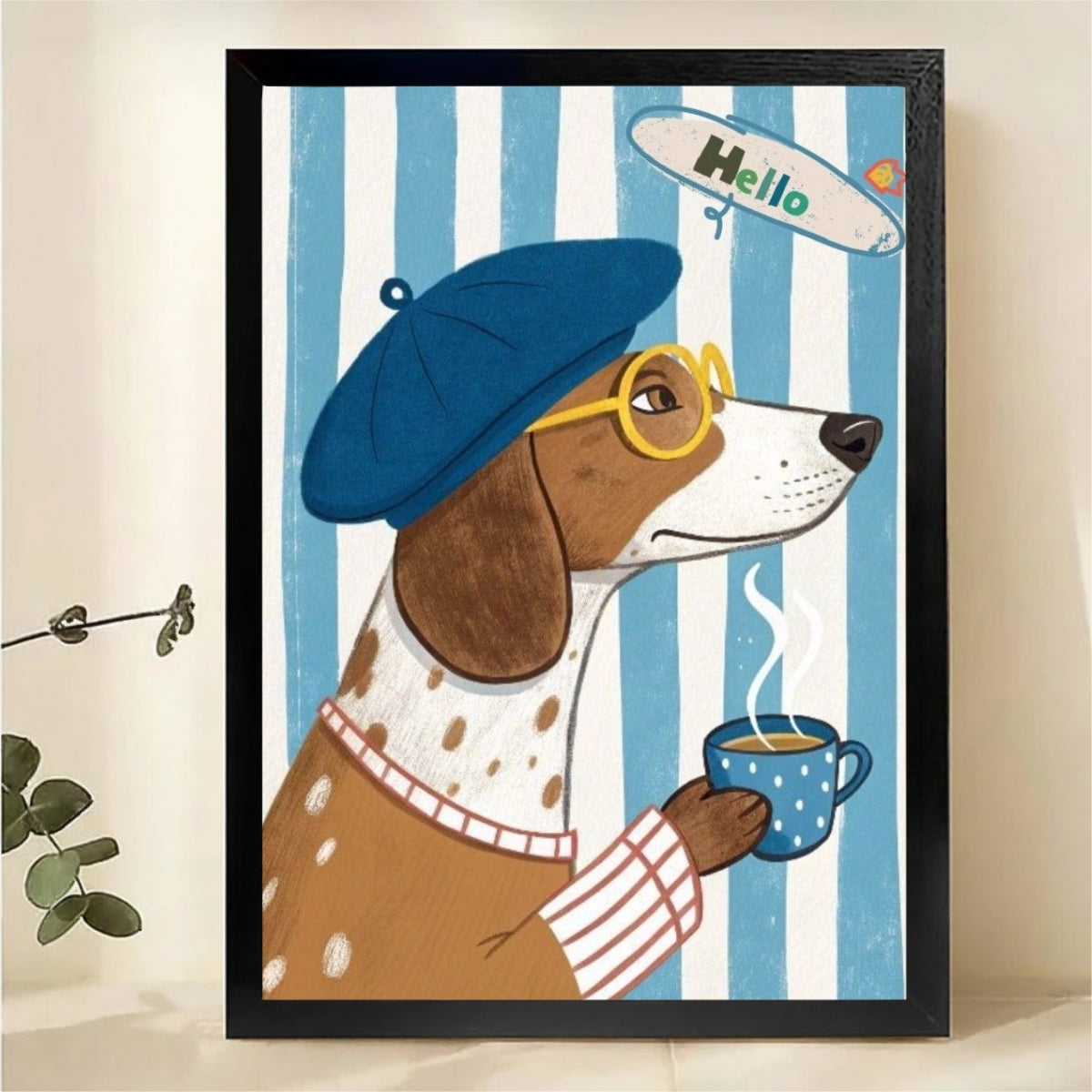 French Dog with Coffee Wall Art - Whimsical Beret Pet Print|W1200