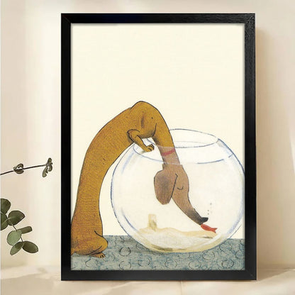 Dog in Fishbowl Wall Art - Whimsical Pet Illustration Print|W1215