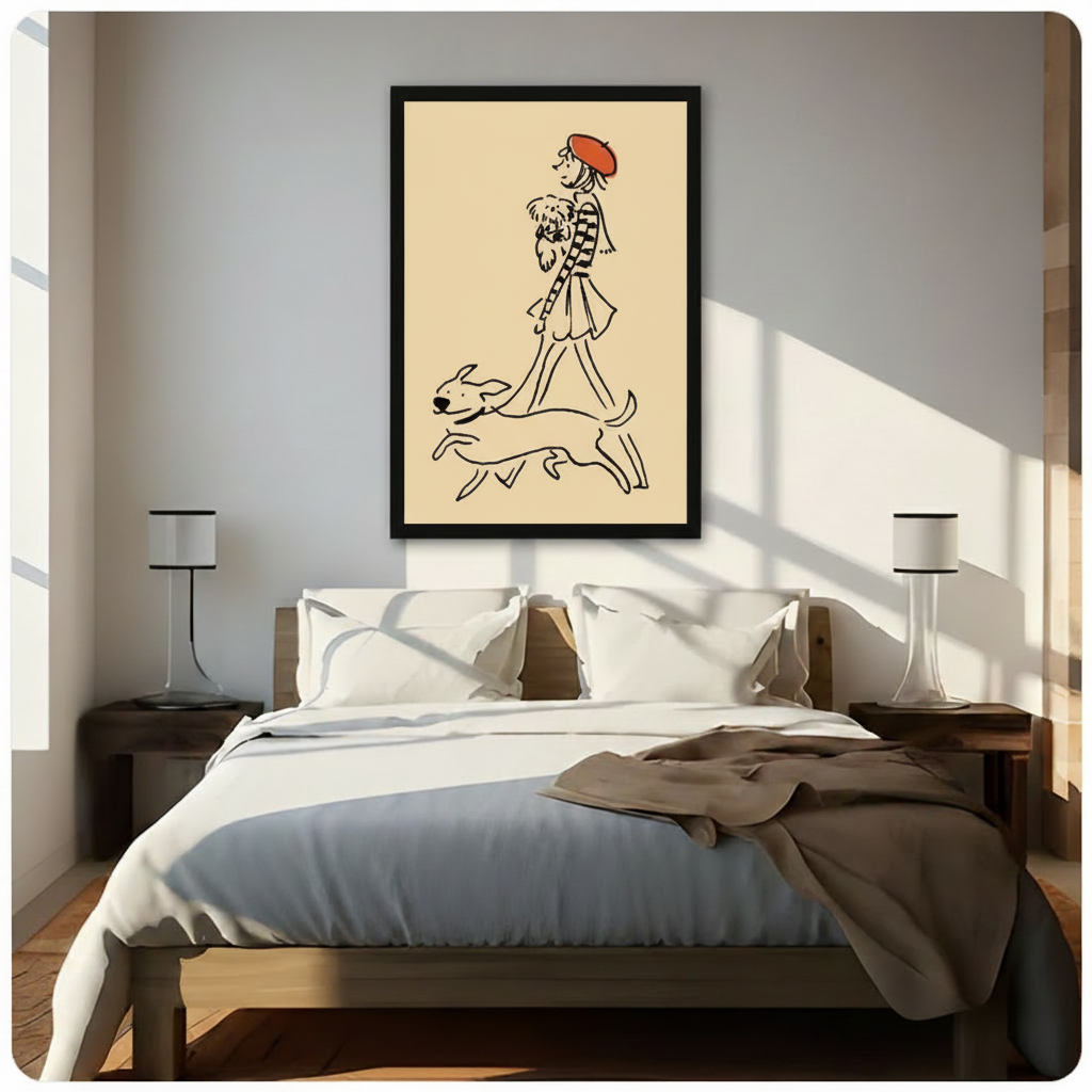 Parisian Girl Dogs Walk Minimalist Line Art Canvas Print w6013